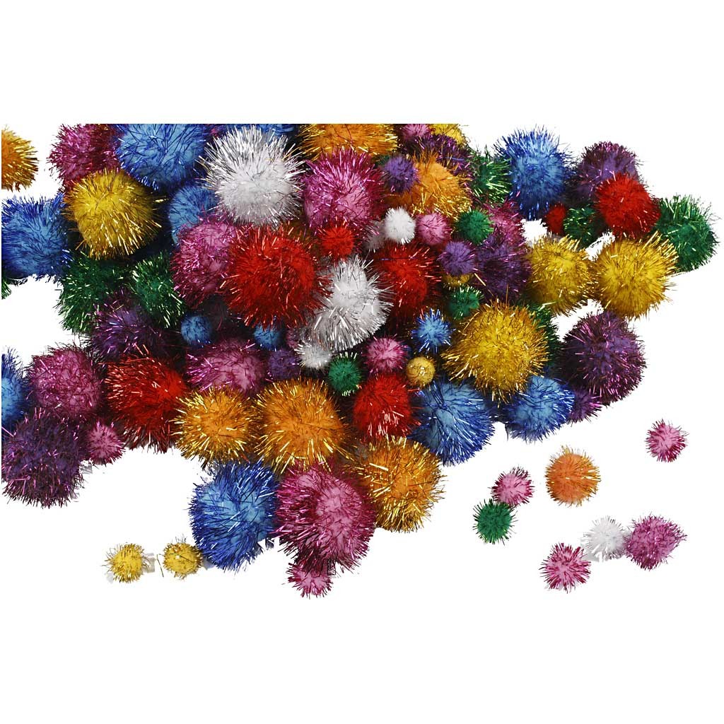 Pompons, d 15-40 mm, glitter, ca. 400 stuk, sterke kleuren, 400 gr/ 1 doos [HOB-51892]