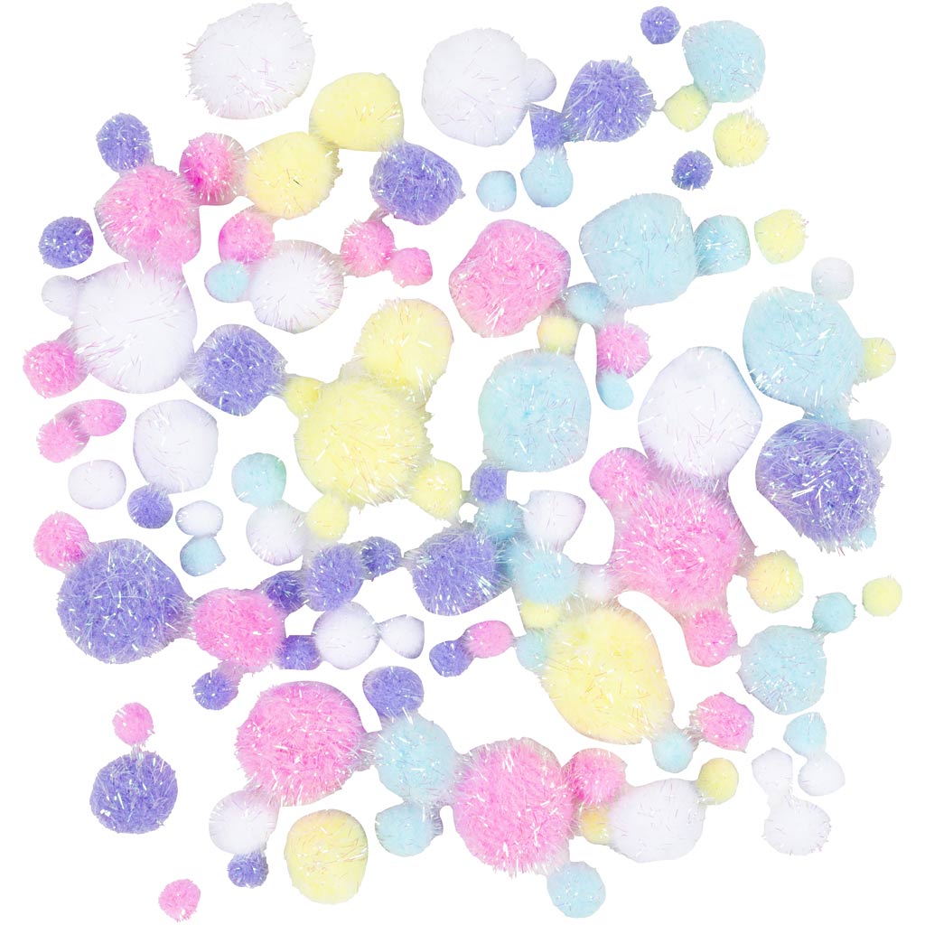 Pompons, d 15-40 mm, glitter, ca. 75 stuk, pastelkleuren, 62 gr/ 1 doos [HOB-518950]