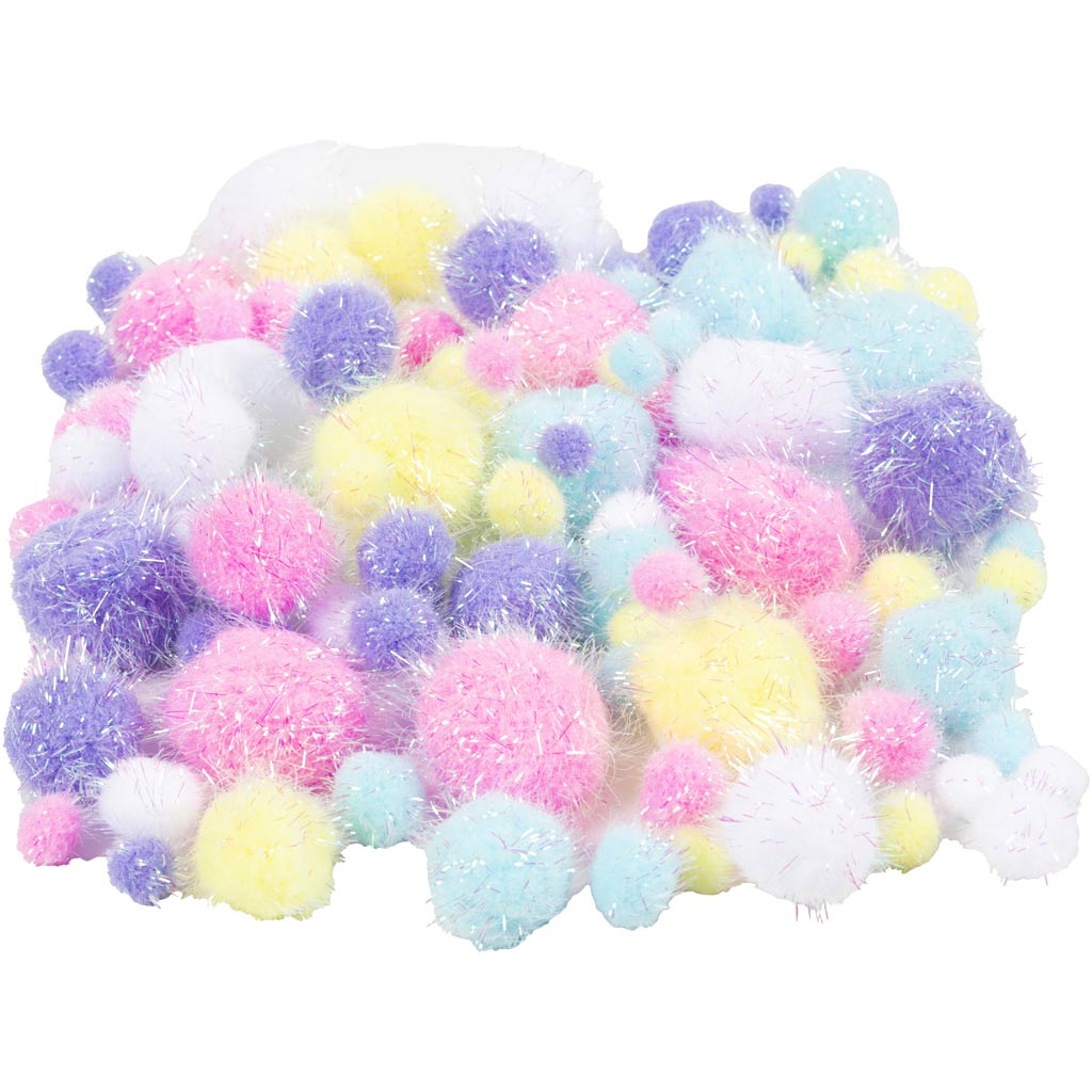 Pompoms, dia. 15-40 mm, glitter, ca. 75 pc, pastel colours, 62 g