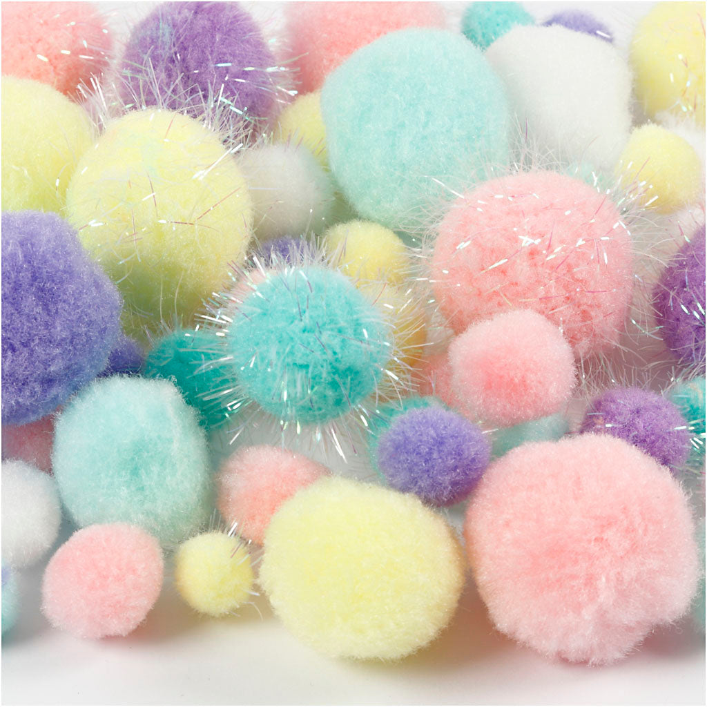 Pompons, d 15-40 mm, glitter, ca. 400 stuk, pastelkleuren, 400 gr/ 1 doos [HOB-51895]