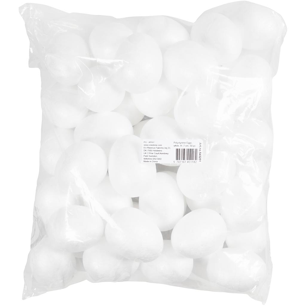 Oeufs en polystyrène, H : 7 cm, blanc, 50 pièces/ 1 Pq. [HOB-543251]