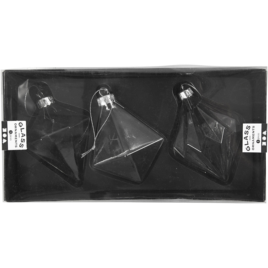 Décorations en Verre, H : 9,6+9,8+10,5 cm, d 7+7,9+8 cm, transparent, 3 pièces/ 1 Pq. [HOB-55901]