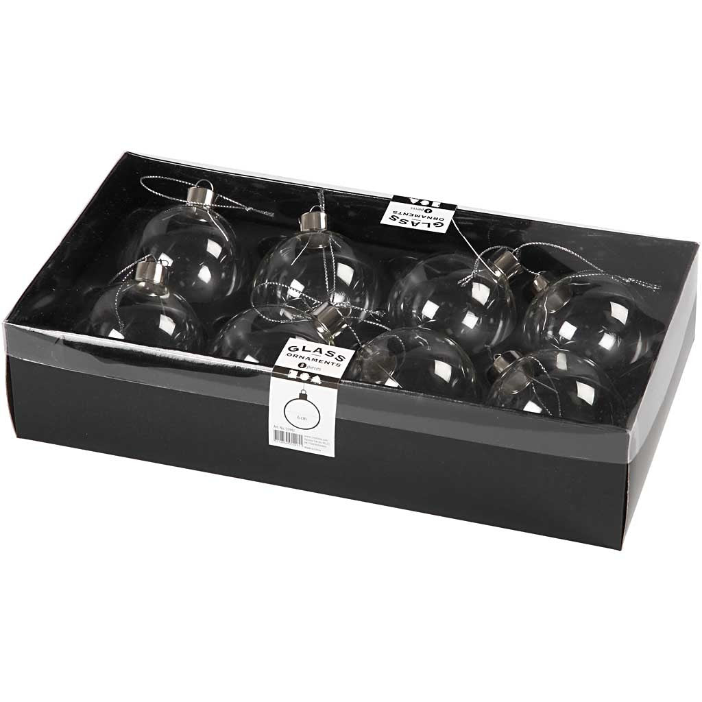 Glazen ornamenten, H: 6,9 cm, d 5,9 cm, transparant, 8 stuk/ 1 doos [HOB-55942]