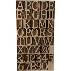 Houten letters, cijfers en tekens, H: 13 cm, dikte 2 cm, 160 stuk/ 1 doos [HOB-56348]