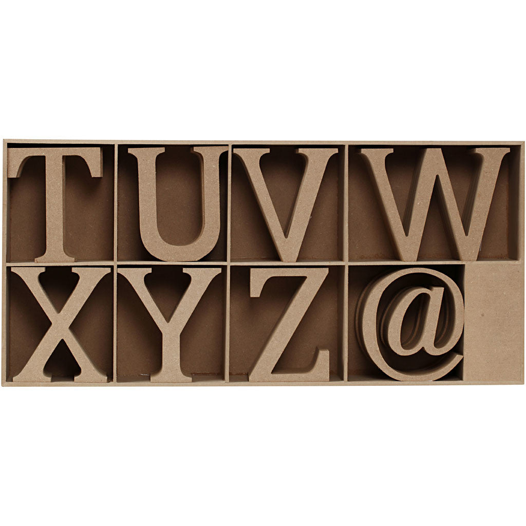 Houten letters, cijfers en tekens, H: 13 cm, dikte 2 cm, 160 stuk/ 1 doos [HOB-56348]