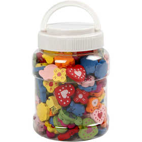 Perles Fantaisies en Bois, dim. 15-20 mm, diamètre intérieur 1,5 mm, ca. 325 pièce, 235 gr, 700 ml/ 1 boîte [HOB-571050]