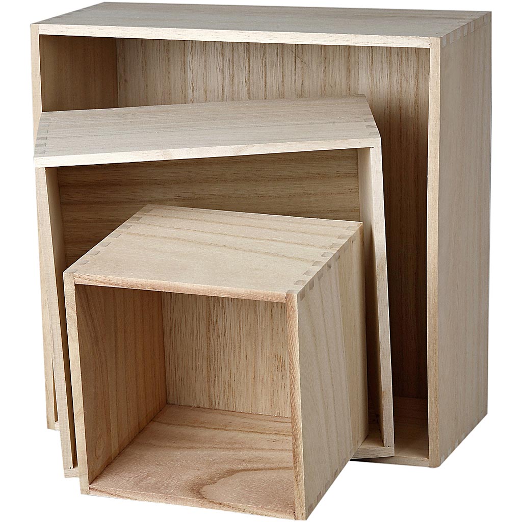 Houten voorraaddozen, vierkant, h: 15x15+21,5x21,5+28x28 cm, diepte 12,5 cm, Keizerin boom, 3stuks [HOB57637]