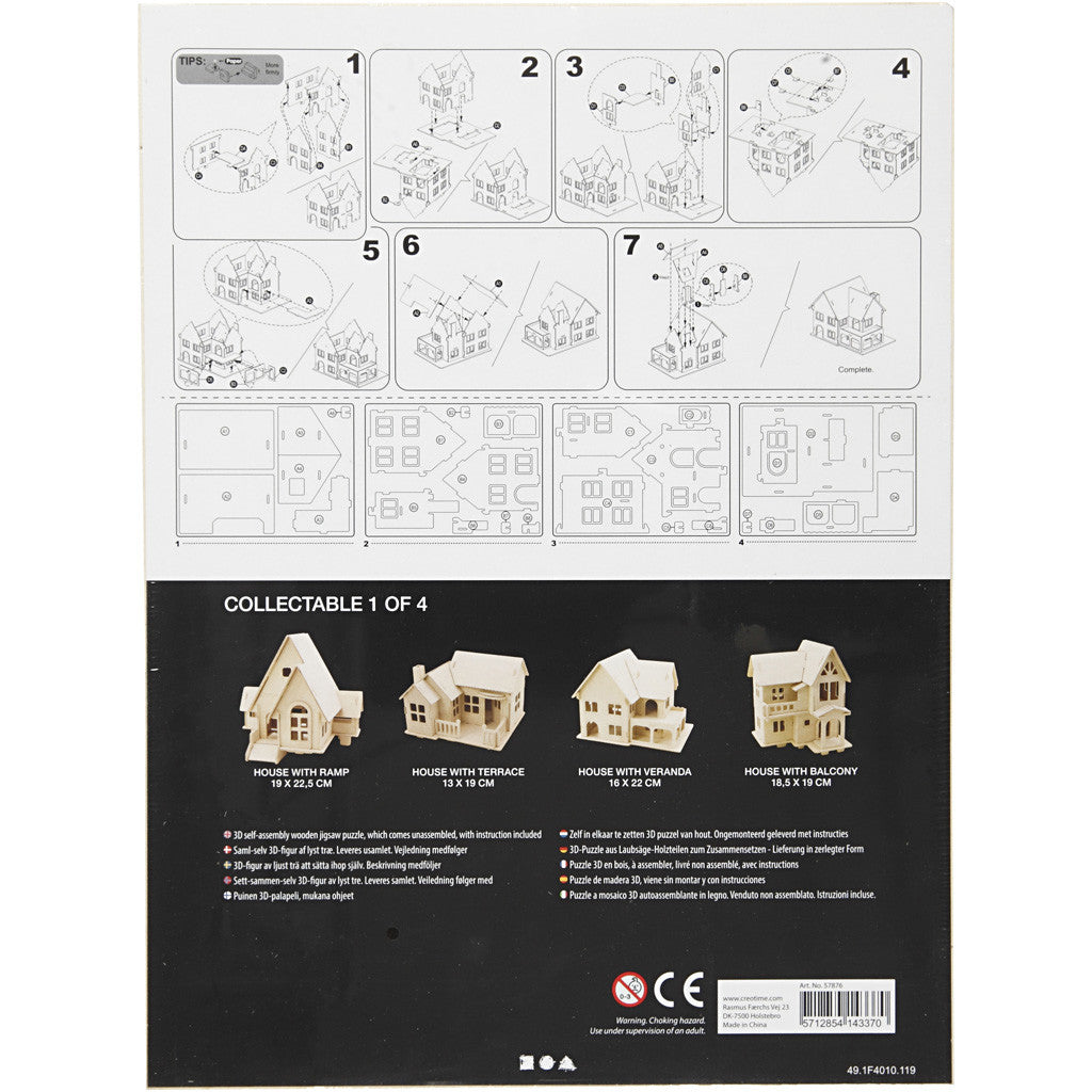 3D Houten Constructie Set, Huis met veranda, afm 22,5x16x17,5, 1 stuk [HOB-57876]