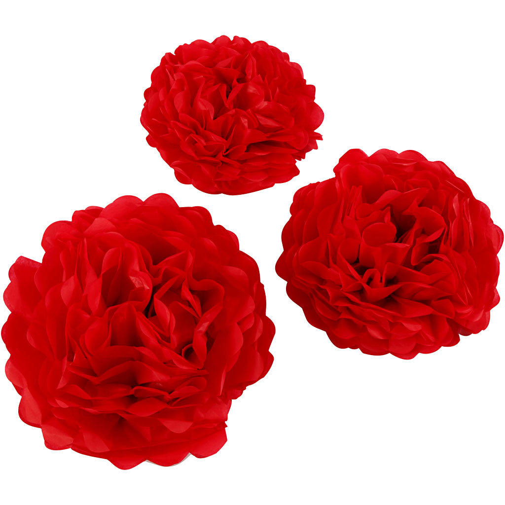 Pompons en papier, d 20+24+30 cm, 16 gr, rouge, 3 pièces/ 1 Pq. [HOB-590003]