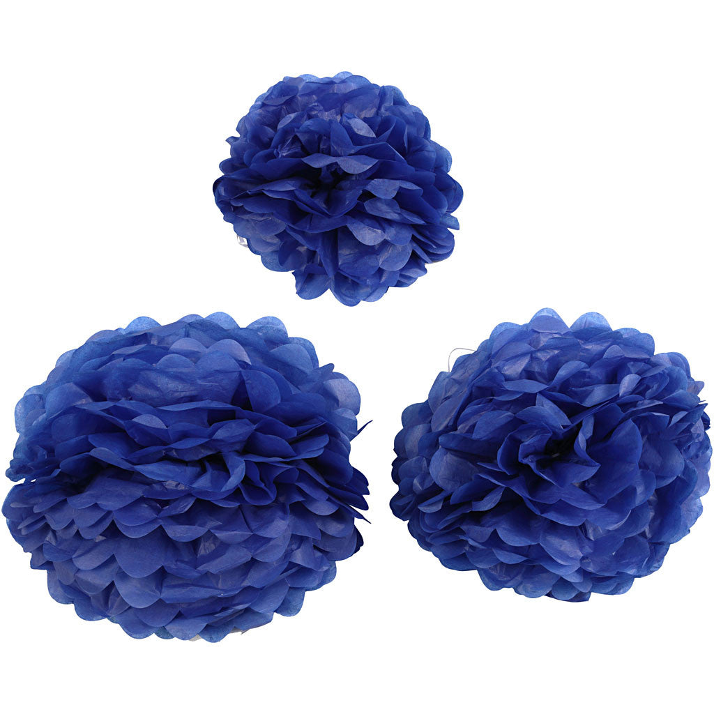 Pompon van papier, d 20+24+30 cm, 16 gr, donkerblauw, 3 stuk/ 1 doos [HOB-590004]