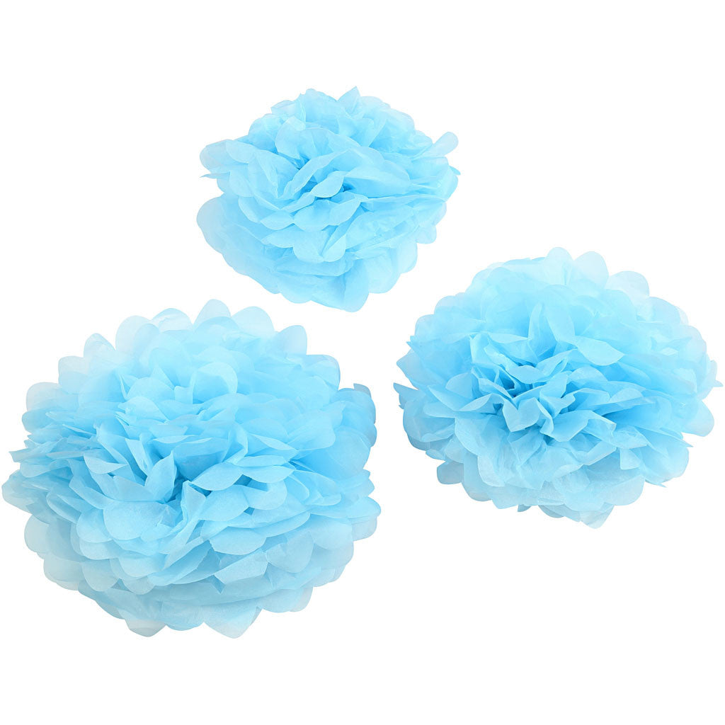 Pompons en papier, d 20+24+30 cm, 16 gr, bleu clair, 3 pièces/ 1 Pq. [HOB-590008]