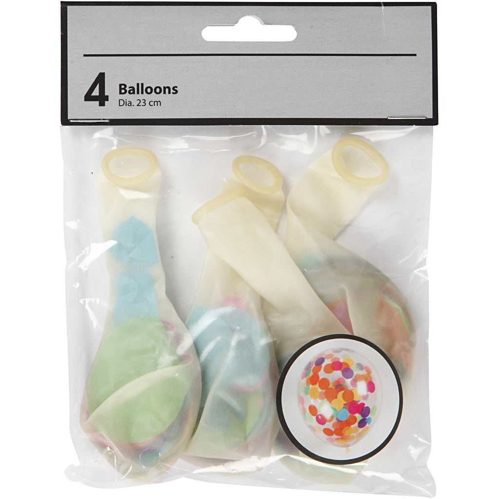 Ballons avec confettis, rond, d 23 cm, transparent, 4 pièces/ 1 Pq. [HOB-59174]