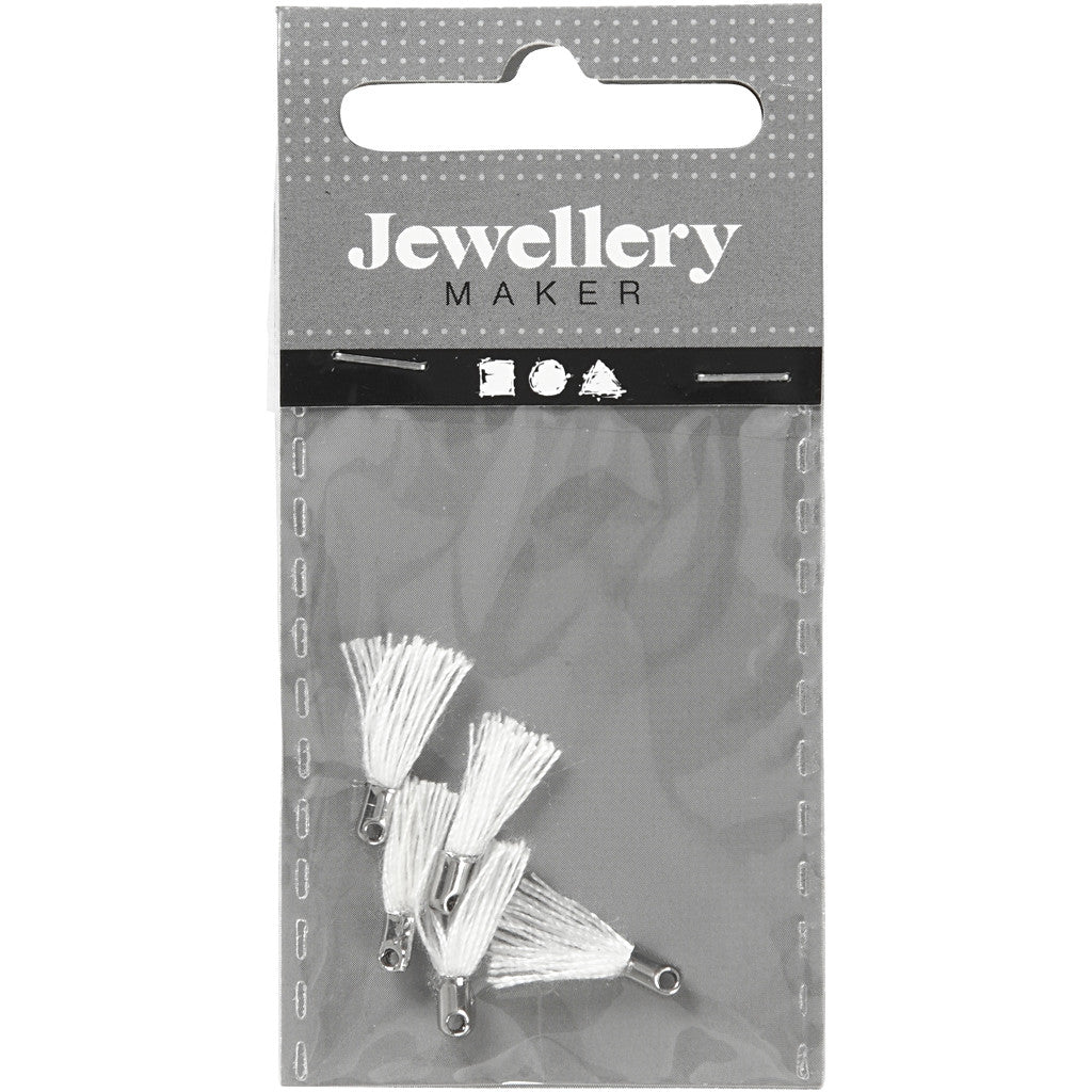 Pompon en coton, L : 10 mm, diamètre intérieur 1 mm, blanc, 5 pièces/ 1 Pq. [HOB-61184]