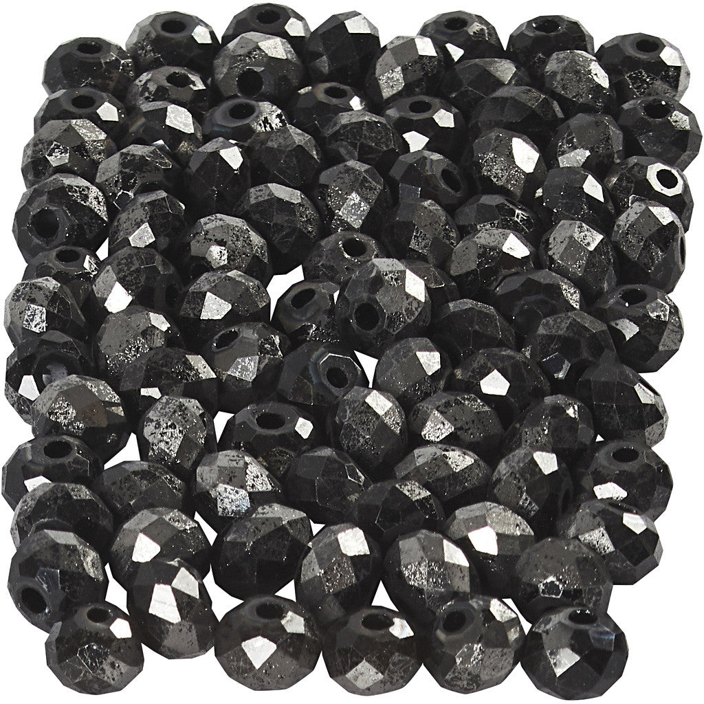 Perles à Facettes, dim. 3x4 mm, diamètre intérieur 0,8 mm, noir métallique, 100 pièces/ 1 Pq. [HOB-61680]