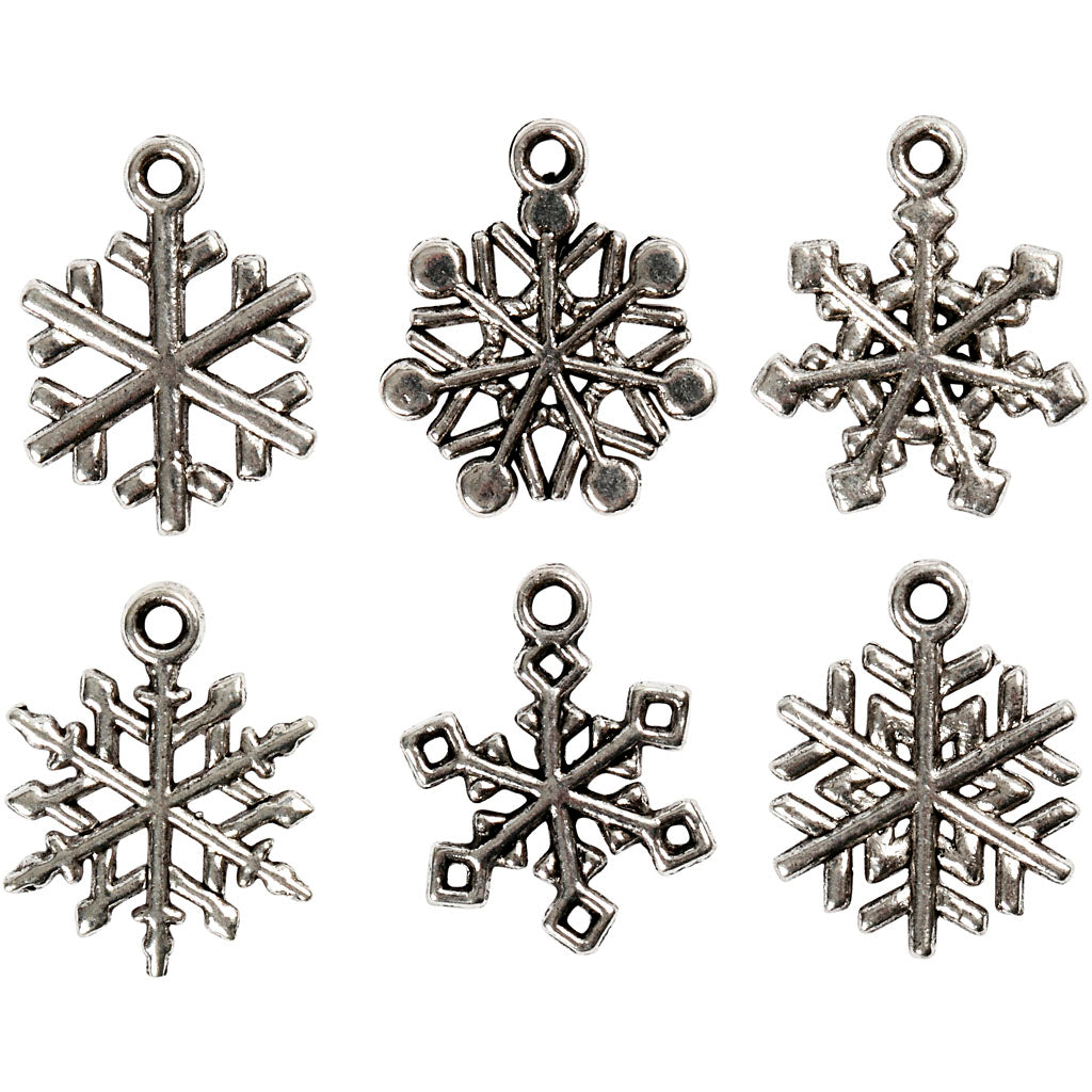 Snowflake, H: 20 mm, hole size 1,5 mm, antique silver, 18 asstd.