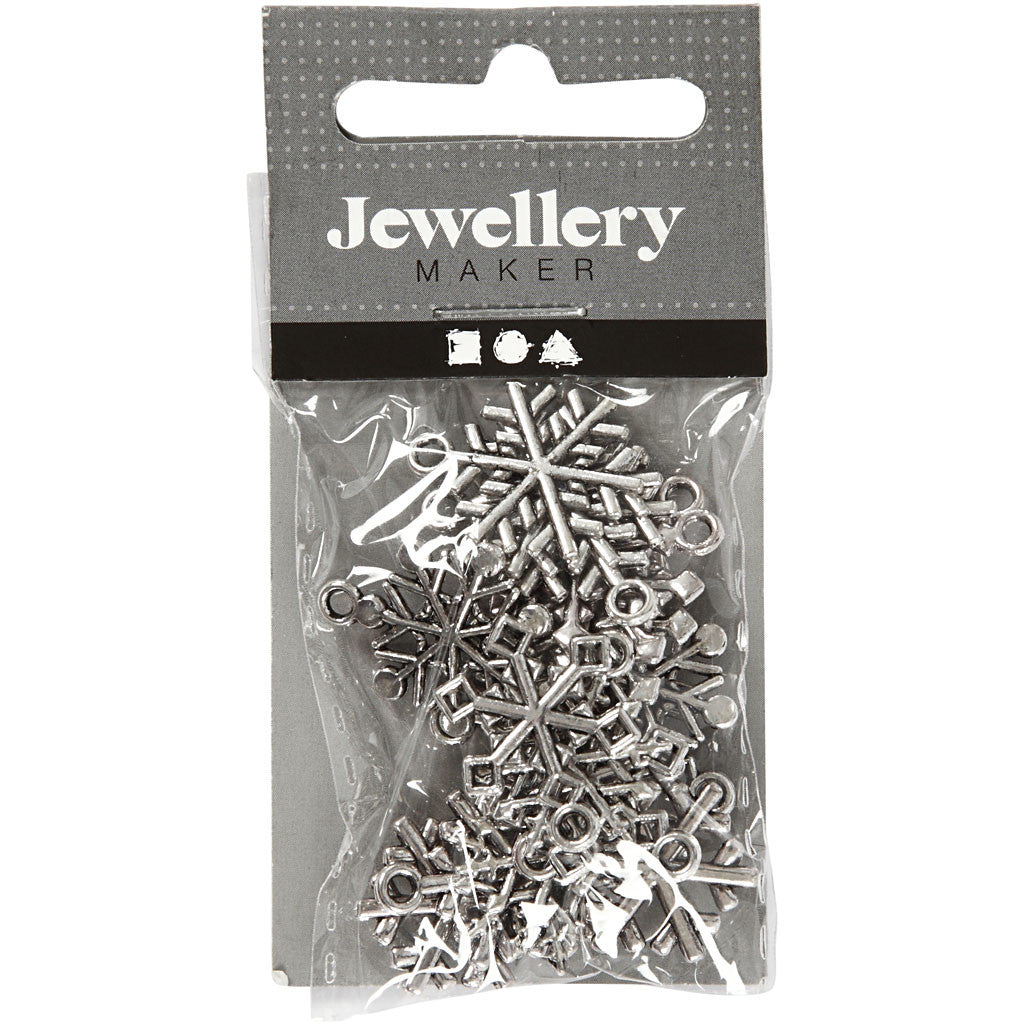 Flocons de neige, H : 20 mm, diamètre intérieur 1,5 mm, argent antique, 18 ass./ 1 Pq. [HOB-63232]