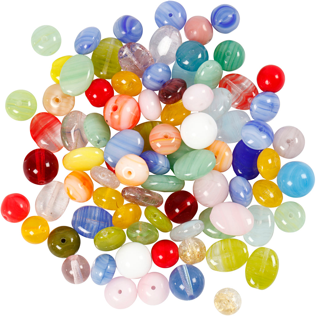 Glazen kralen, rond, ovaal, cirkel, d 6-13 mm, gatgrootte 0,5-1,5 mm, diverse kleuren, 60 gr/ 1 doos [HOB-684250]