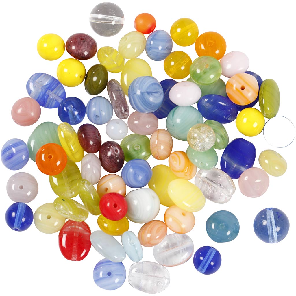 Perles de verre, rond, ovale, circulaire, d 6-13 mm, diamètre intérieur 0,5-1,5 mm, ass. de couleurs, 350 gr/ 1 Pq. [HOB-68425]