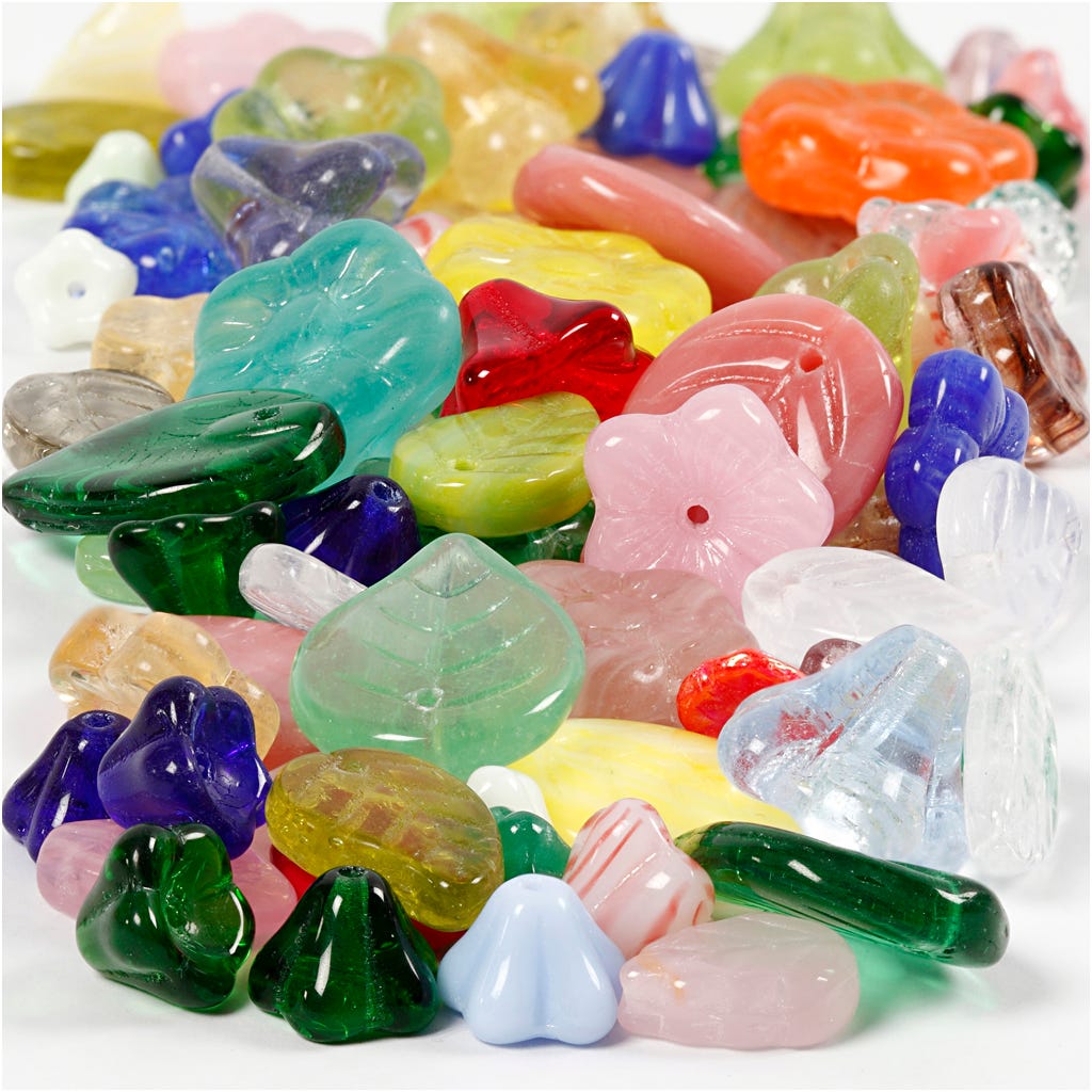 Glass beads, leaves, flowers, dia. 6-17 mm, hole size 0,5-1,5 mm, assorted colours, 60 g