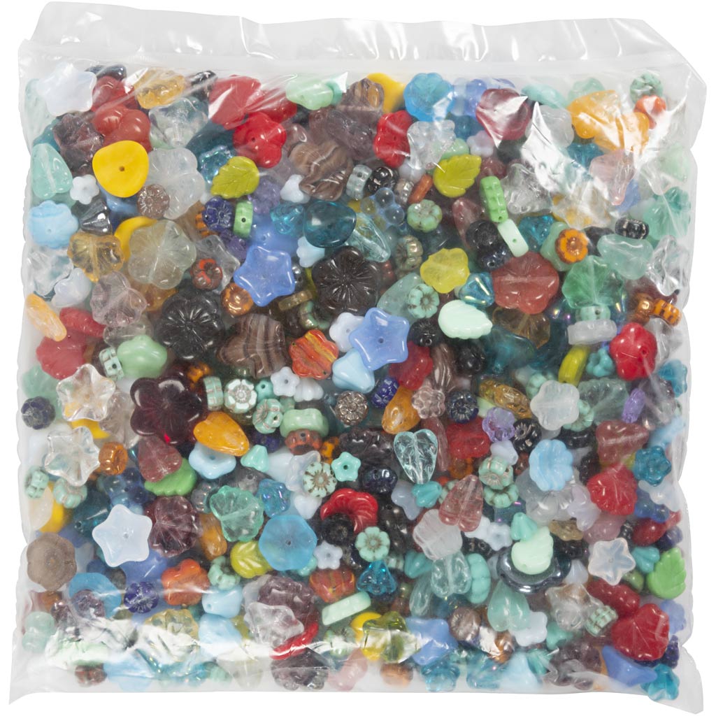 Glazen kralen, bladeren, bloemen, d 6-17 mm, gatgrootte 0,5-1,5 mm, diverse kleuren, 350 gr/ 1 doos [HOB-68426]