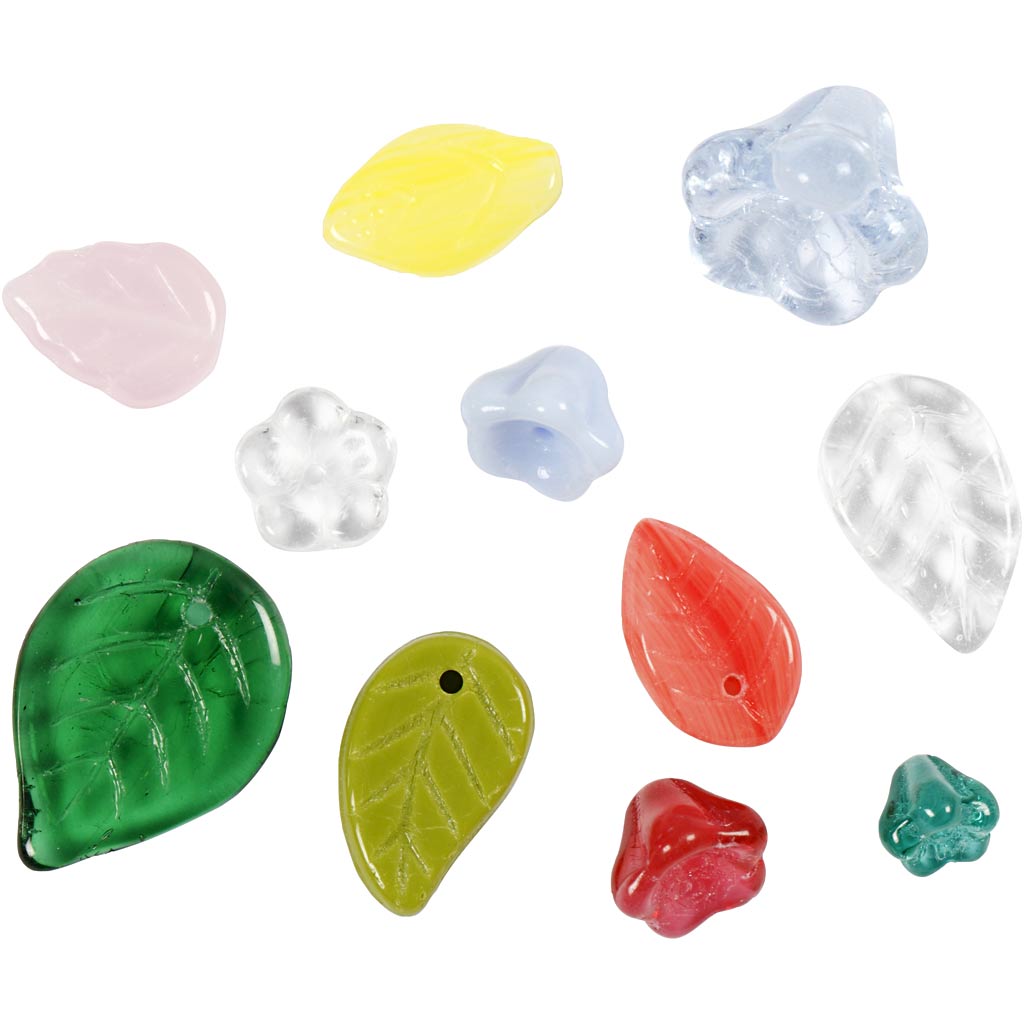 Glazen kralen, bladeren, bloemen, d 6-17 mm, gatgrootte 0,5-1,5 mm, diverse kleuren, 350 gr/ 1 doos [HOB-68426]