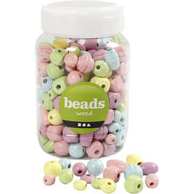 Perles en bois, d 10-15 mm, diamètre intérieur 3-5 mm, bleu clair, vert clair, rose clair, jaune clair, 400 ml/ 1 seau [HOB-684690]