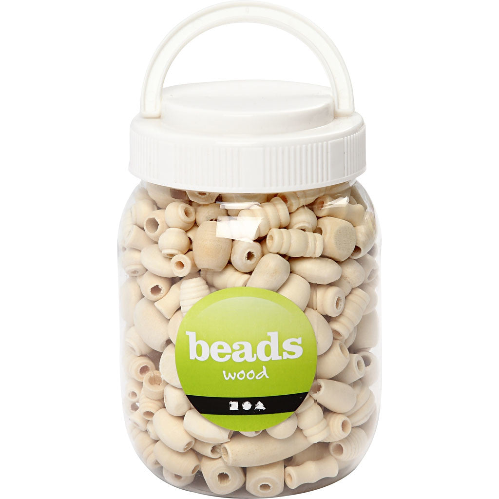 Perles en bois, dim. 5-28 mm, diamètre intérieur 2,5-3 mm, 175 gr, 400 ml/ 1 seau [HOB-684770]