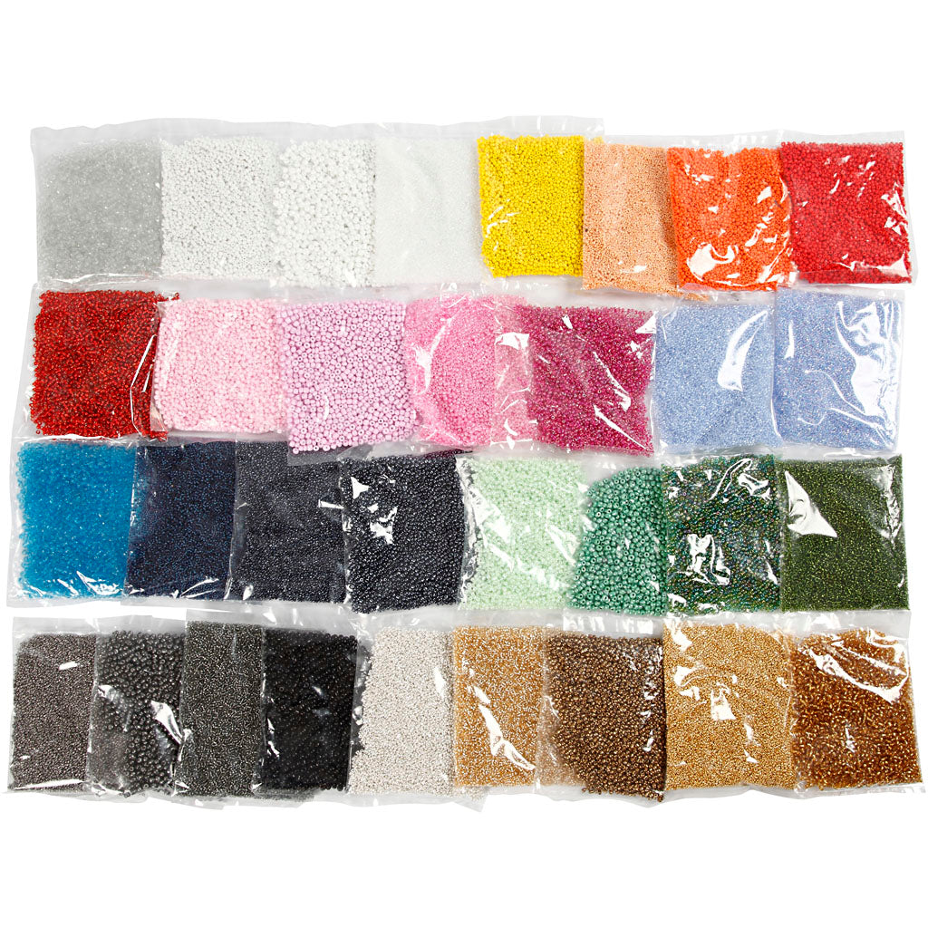 Rocailles, d 1,7+3+4 mm, afm 6/0+8/0+12/0, gatgrootte 0,5-1,2 mm, kleuren kan variëren , 32x100 gr/ 1 doos [HOB-68821]