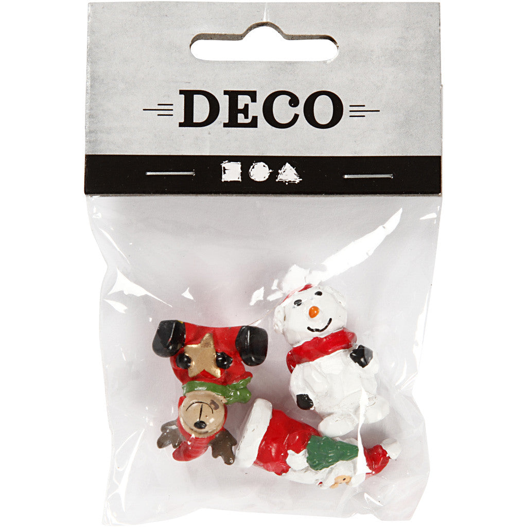 Miniatuur figuren, kerstman, rendier en sneeuwpop, H: 35 mm, L: 10 mm, 3 stuk/ 1 doos [HOB-69840]