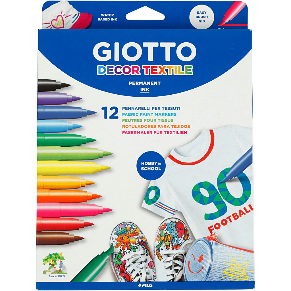 GIOTTO Textielstift, lijndikte 4 mm, diverse kleuren, 12 stuk/ 1 doos [HOB-701290]