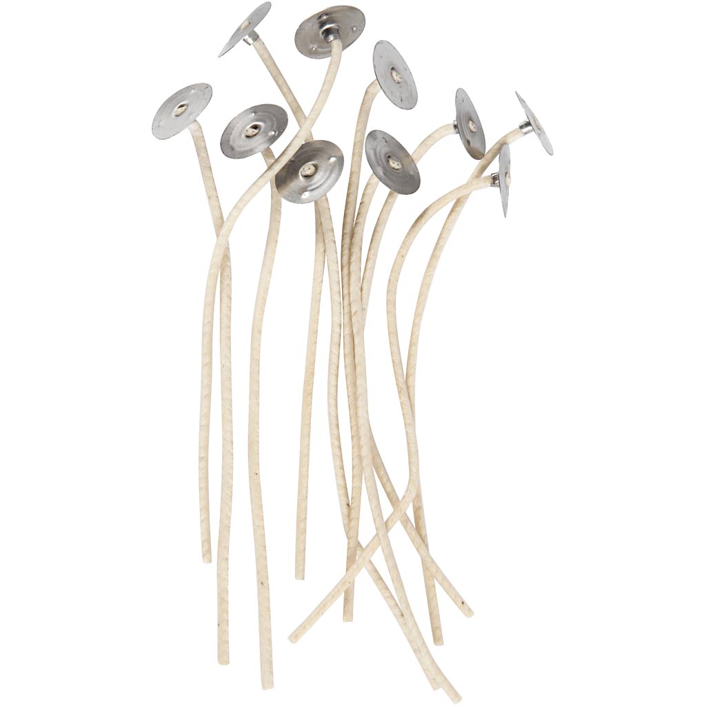 Mèches pour bougies dans un récipient, Convient aux récipients d’un diamètre de 20 à 65 mm, L : 110 mm, ép. 2 mm, 10 pièces/ 1 Pq. [HOB-73383]