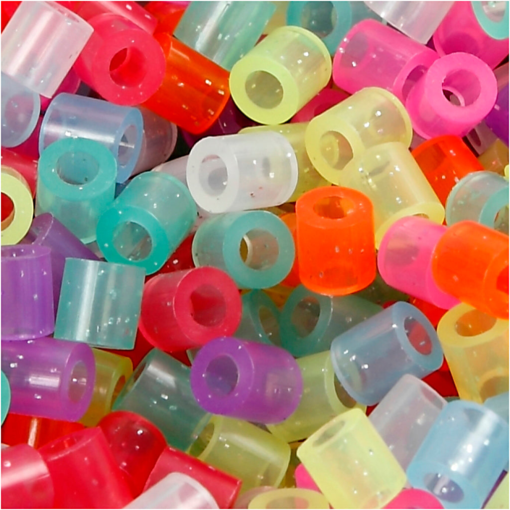 Fuse Beads, size 5x5 mm, hole size 2,5 mm, medium, glitter colours, 6000 asstd.