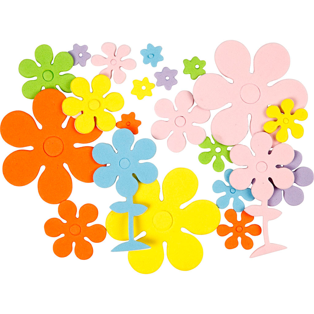 Foam Flowers, Flowers, size 10-60 mm, thickness 2 mm, assorted colours, 100 pc