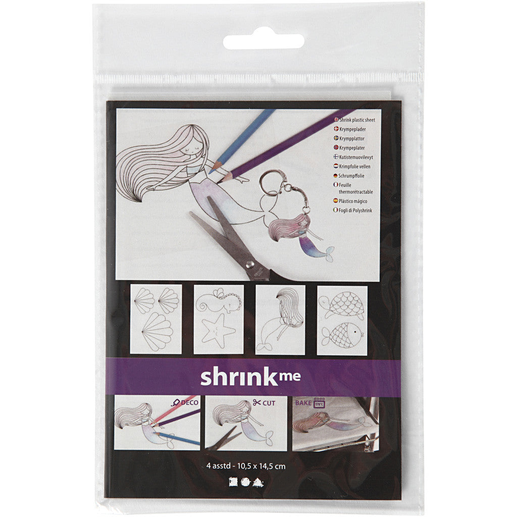 Feuilles de plastique thermorétractable avec motifs, sirène, feuille 10,5x14,5 cm, ép. 0,3 mm, transparent mat, 4 flles/ 1 Pq. [HOB-790712]