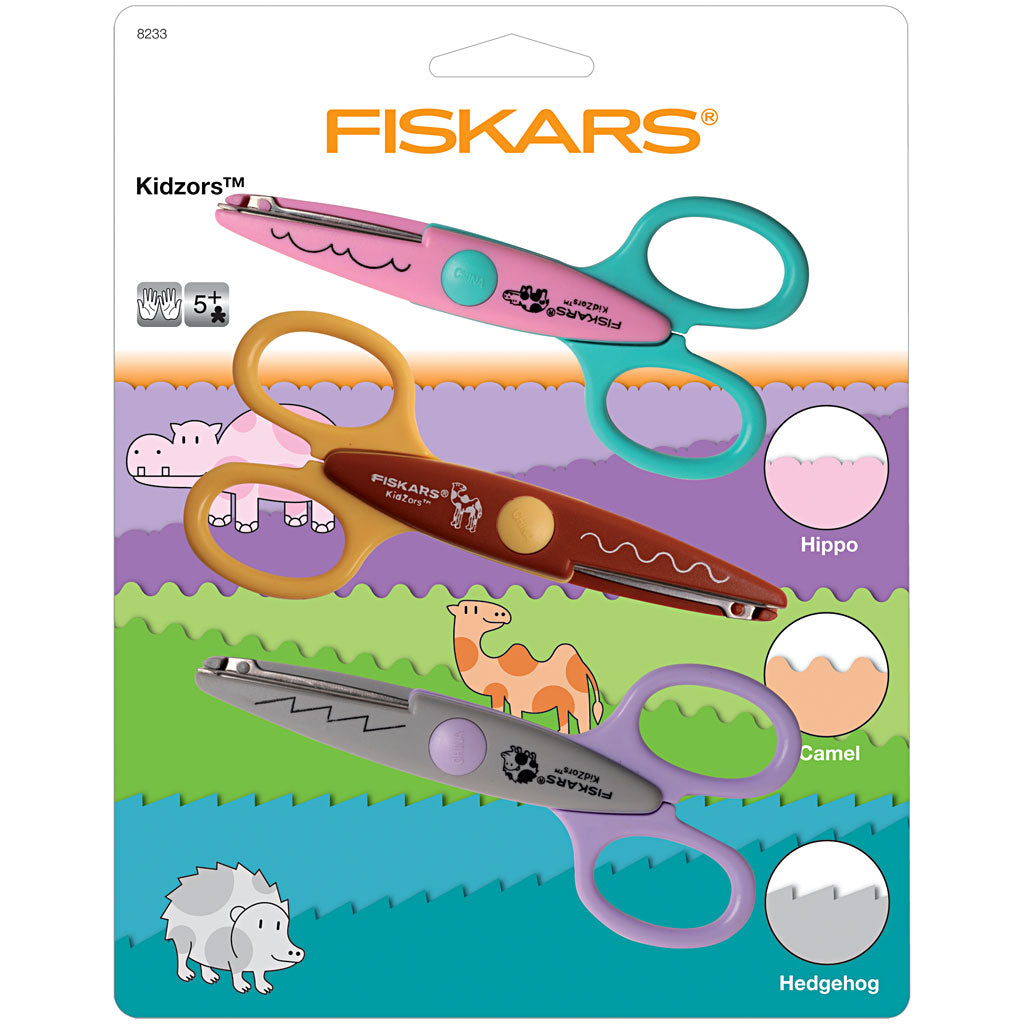 Fiskars Ciseaux à Cranter Enfants - Assortiment, hippo, chameau, hérisson, 3 pièces/ 1 Pq. [HOB-8233]