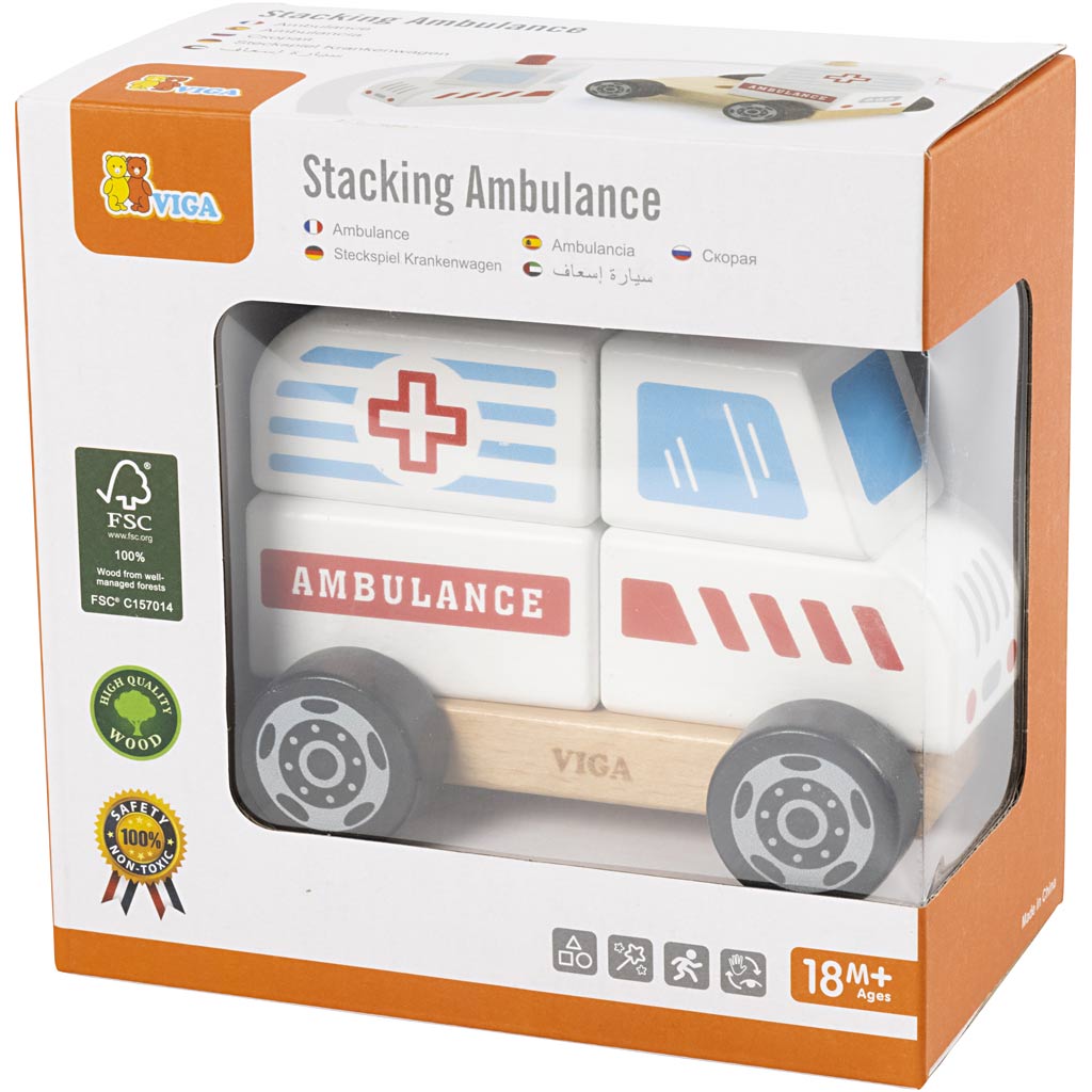VIGA houten stapelbare ambulance speelgoed, ambulance, afm 13x10x8 cm, 1 stuk [HOB-907664]