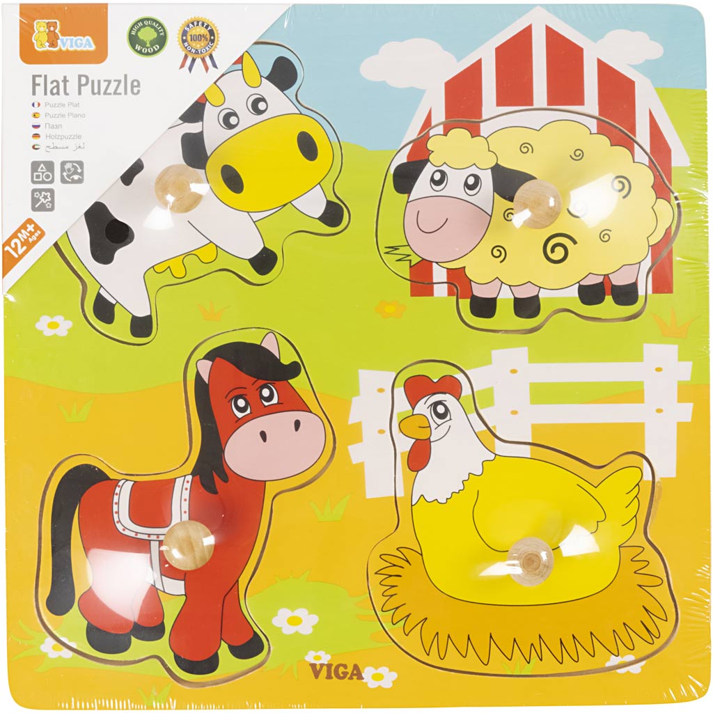 VIGA Houten Knoppuzzels, boerderijdieren, afm 22x22 cm, 4 delen, 1 stuk [HOB-907764]