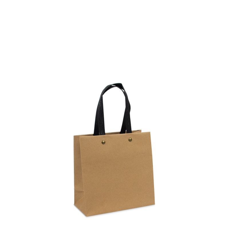 Papieren Draagtassen Bruin 16+8x16 cm met zwarte kraft handvatten (100 stuks) [FP-DPK121]