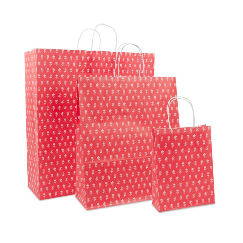 Papieren Draagtassen Rood met Bloemen 18+8x24 cm (300 stuks) [FP-DPT082]