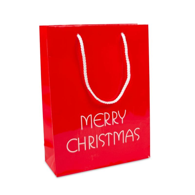 Papieren kerst Draagtassen Rood Merry Christmas 26+10x35 cm (100 stuks) [FP-TOP993]