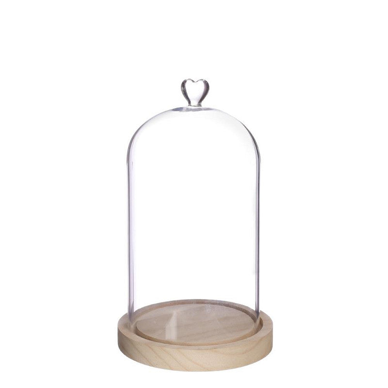 Cloche en verre avec base en bois et cœur Ø 14 cm, H. 24 cm (1 pièce) [IFS-29364]