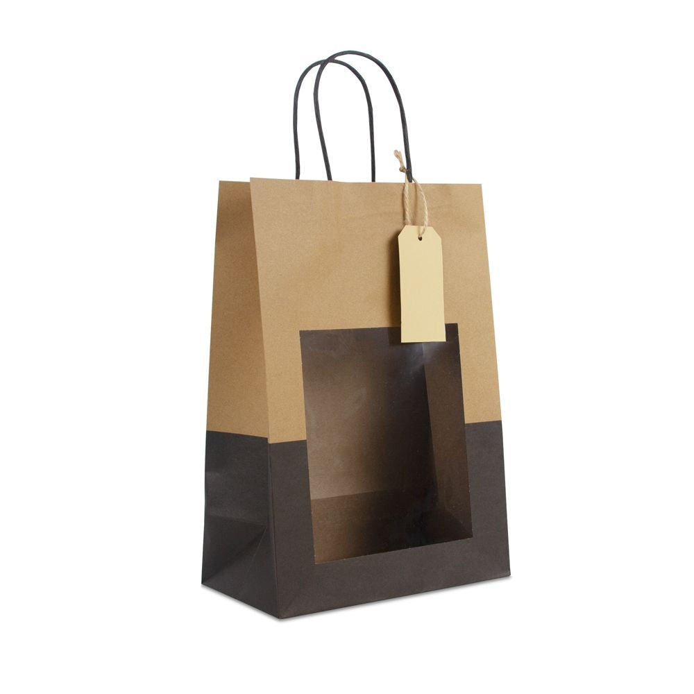 Gift bags with window and tag 22+12x32cm kraft/black (100 pcs)