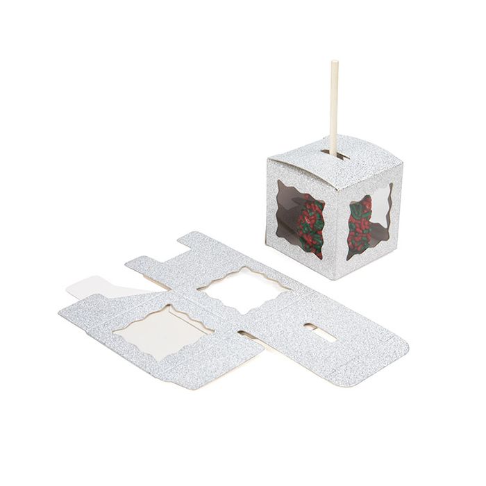 Kraft Doosje Glitter Zilver 5,1x5,1x5,1 cm Met 3 Vensters (25 Stuks) [FB1SGW]