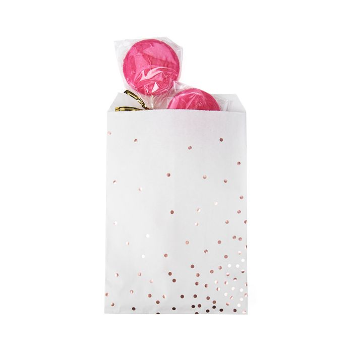 Sac Papier Blanc avec Pois Rose Doré 12,7x20,3cm (100 pièces) [GPB58RD]