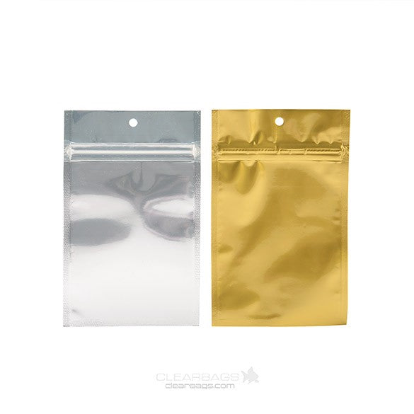 Sachet zip haute barrière avec trou de suspension et dos or métallisé 9.2x12.7cm (100 pièces) [HZBB4CG]