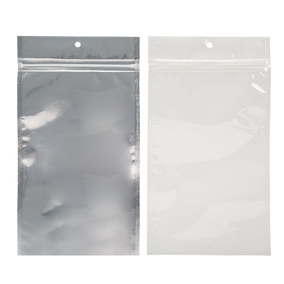 Sachet zip haute barrière avec trou de suspension et dos blanc métallisé 12.7x20.8cm (100 pièces) [HZBB6CW]