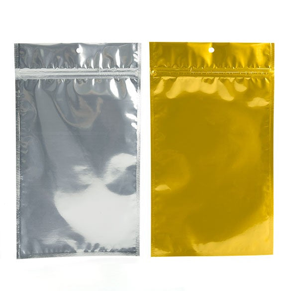 Sachet zip haute barrière avec trou de suspension et dos or métallisé 15.4x23.5cm (100 pièces) [HZBB7CG]