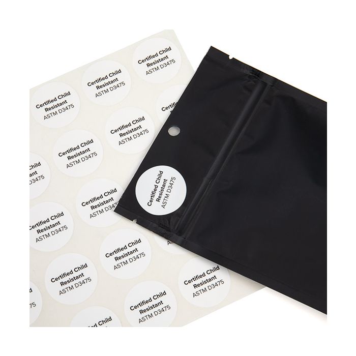 Autocollant rond Certified Child Résistant (Blanc avec Texte Noir) 2,5 cm (1 Feuille) [LS1CCR]