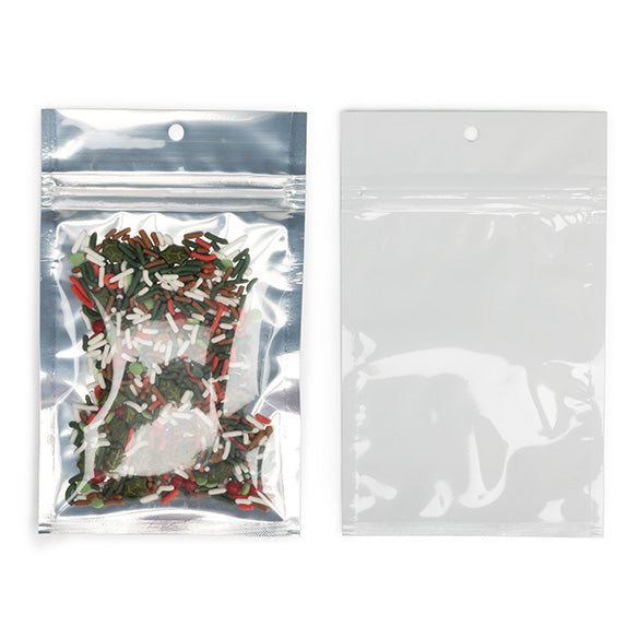 Sachet zip haute barrière avec trou de suspension et dos blanc métallisé 9.2x12.7cm (100 pièces) [HZBB4CW]