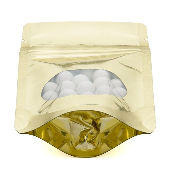 Doypack Métallisé Or avec fenêtre ovale 8x5x13cm | 28g (100 pièces) [ZBGMO1SG]